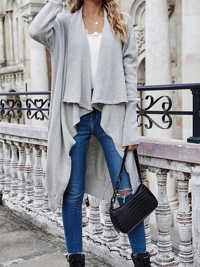 Stylish Loose Solid Open Front Batwing Sleeve Long Knit Jacket - Image 1