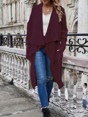 Stylish Loose Solid Open Front Batwing Sleeve Long Knit Jacket - Image 10