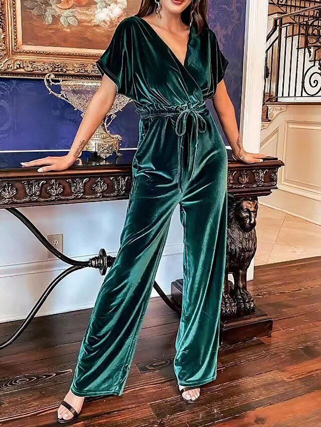 Stylish Loose Solid V Neck Short Sleeve Drawstring Jumpsuit - Image 2