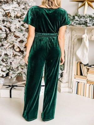 Stylish Loose Solid V Neck Short Sleeve Drawstring Jumpsuit - Image 3