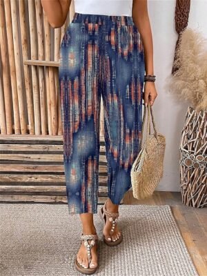 Stylish Micro-elastic Graphic Patchwork Calf-Length Capri Trousers - Image 2