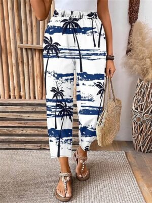 Stylish Micro-elastic Graphic Patchwork Calf-Length Capri Trousers - Image 4