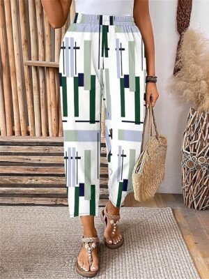 Stylish Micro-elastic Graphic Patchwork Calf-Length Capri Trousers - Image 5