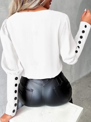 Stylish Modern Pleated Buttoned Long Sleeve Blouse - Image 2