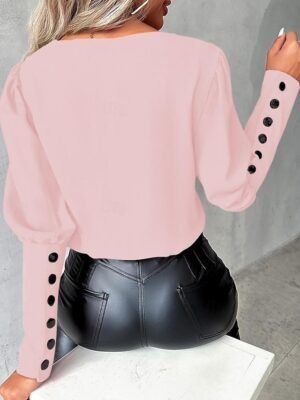 Stylish Modern Pleated Buttoned Long Sleeve Blouse - Image 5