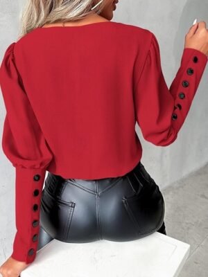 Stylish Modern Pleated Buttoned Long Sleeve Blouse - Image 7