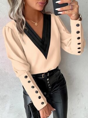 Stylish Modern Pleated Buttoned Long Sleeve Blouse - Image 8