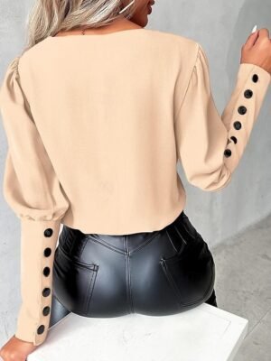 Stylish Modern Pleated Buttoned Long Sleeve Blouse - Image 9