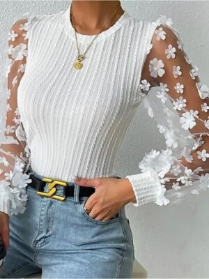 Stylish Modern Solid Mesh Patchwork Crew Neck Lantern Sleeve Long Sleeve Blouse - Image 2