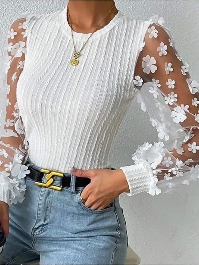 Stylish Modern Solid Mesh Patchwork Crew Neck Lantern Sleeve Long Sleeve Blouse - Image 2