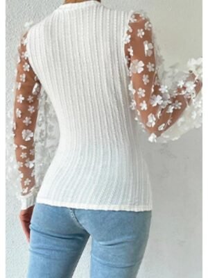 Stylish Modern Solid Mesh Patchwork Crew Neck Lantern Sleeve Long Sleeve Blouse - Image 3