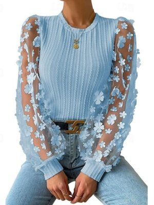 Stylish Modern Solid Mesh Patchwork Crew Neck Lantern Sleeve Long Sleeve Blouse - Image 4