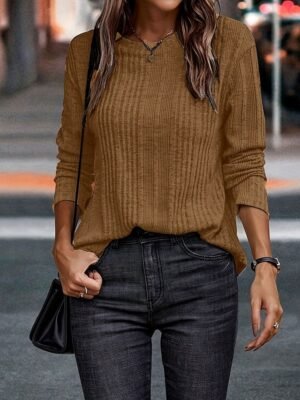 Stylish Modern Textured Crew Neck Long Sleeve Top - Image 6