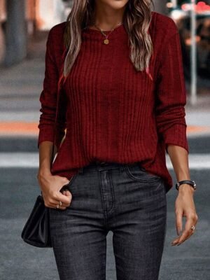 Stylish Modern Textured Crew Neck Long Sleeve Top - Image 7