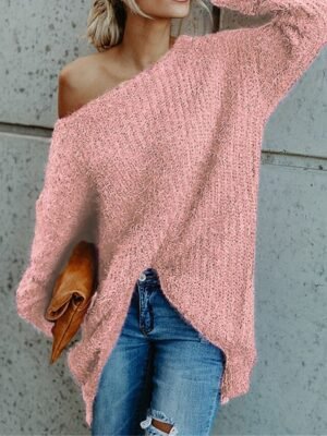 Stylish One Shoulder Cold Shoulder Ribbed Long Sleeve Short Pullover - Image 1
