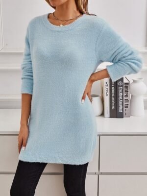 Stylish Oversized Fuzzy Crew Neck Long Sleeve Regular Knit Jumper - Image 12