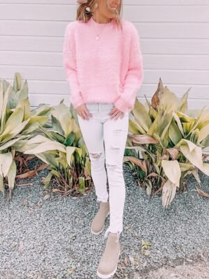 Stylish Oversized Fuzzy Crew Neck Long Sleeve Regular Knit Jumper - Image 13