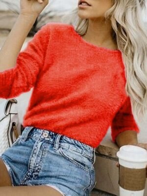 Stylish Oversized Fuzzy Crew Neck Long Sleeve Regular Knit Jumper - Image 2