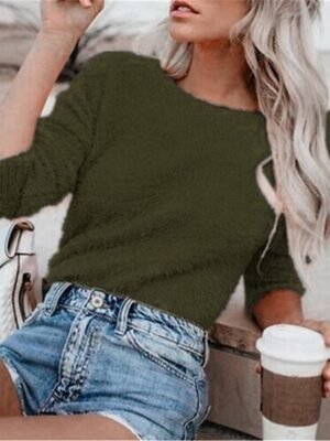 Stylish Oversized Fuzzy Crew Neck Long Sleeve Regular Knit Jumper - Image 3