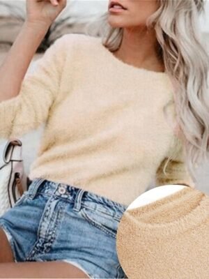 Stylish Oversized Fuzzy Crew Neck Long Sleeve Regular Knit Jumper - Image 5