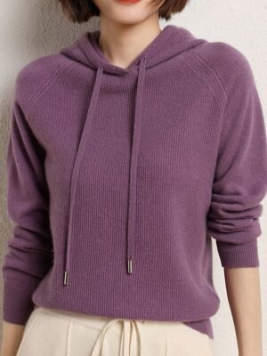 Stylish Oversized Solid Hooded Long Sleeve Regular Knit Jumper - Image 4