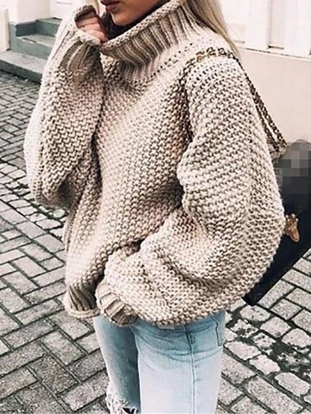 Stylish Oversized Solid Turtleneck Long Sleeve Regular Knit Pullover - Image 1