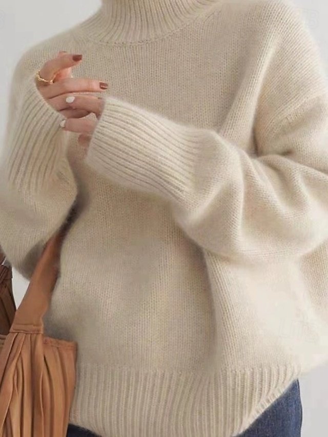 Stylish Oversized Solid Turtleneck Long Sleeve Sweater - Image 1