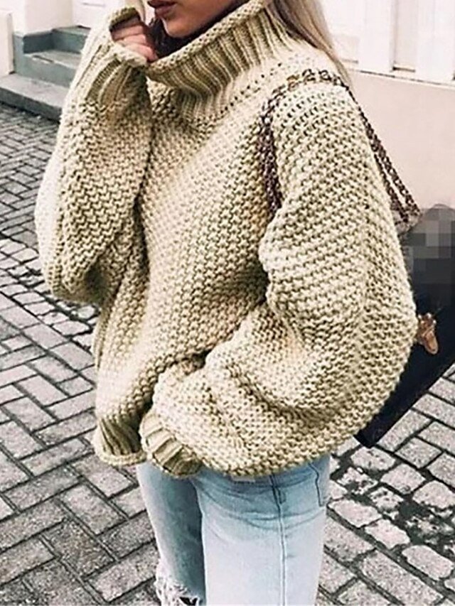 Stylish Oversized Solid Turtleneck Long Sleeve Regular Knit Pullover - Image 2