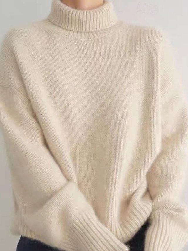 Stylish Oversized Solid Turtleneck Long Sleeve Sweater - Image 2