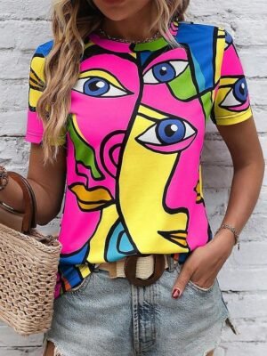 Stylish Regular Abstract Crew Neck Short Sleeve Top - Image 1