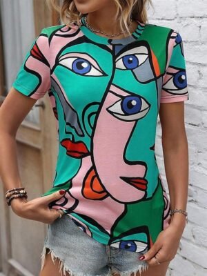 Stylish Regular Abstract Crew Neck Short Sleeve Top - Image 6