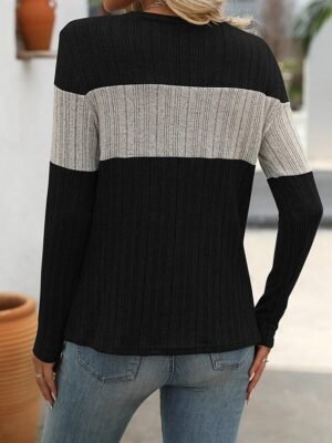 Stylish Regular Colour Block Crew Neck Long Sleeve Knit Top - Image 2