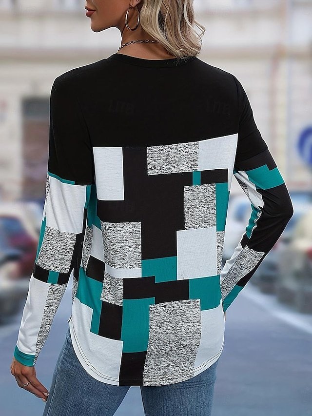 Stylish Regular Colour Block Crew Neck Long Sleeve Tunic Top - Image 2