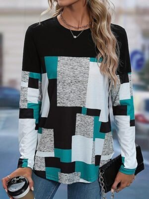 Stylish Regular Colour Block Crew Neck Long Sleeve Tunic Top - Image 3