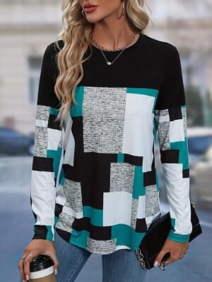 Stylish Regular Colour Block Crew Neck Long Sleeve Tunic Top - Image 5