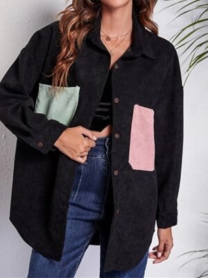 Stylish Regular Colour Block Shirt Collar Long Sleeve Top - Image 2