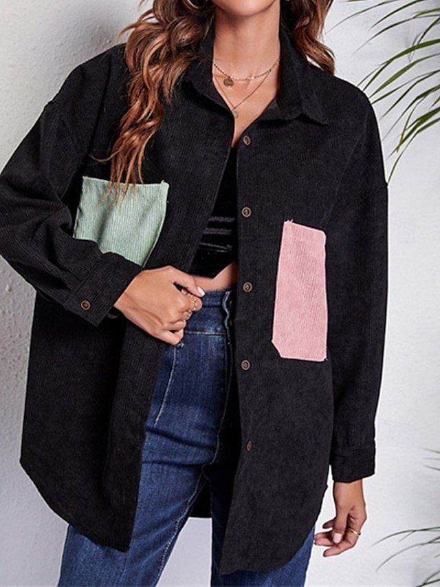 Stylish Regular Colour Block Shirt Collar Long Sleeve Top - Image 2