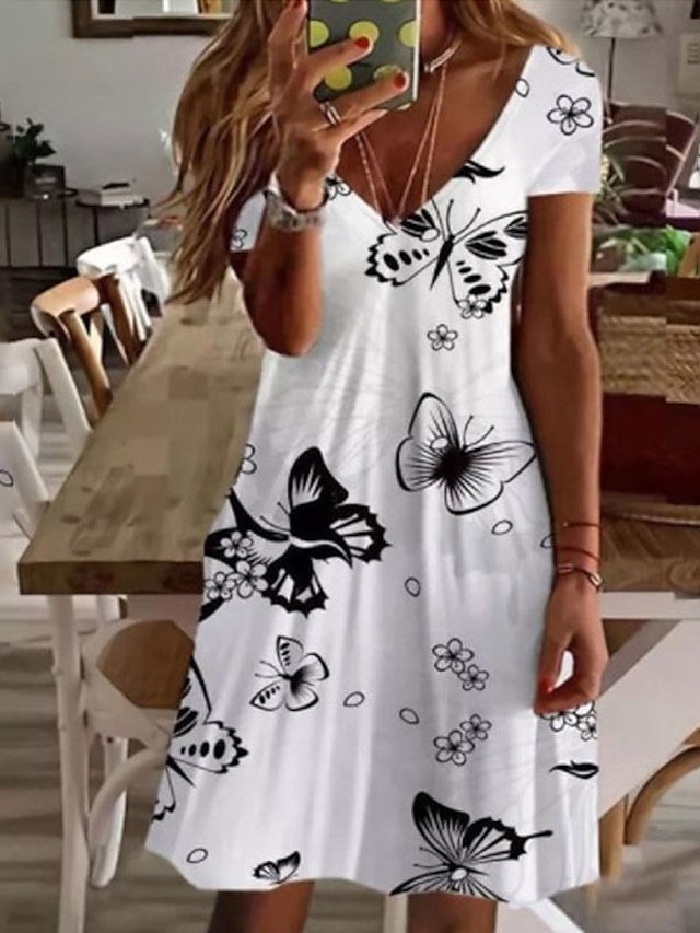 Stylish Regular Fit Floral Animal Butterfly V Neck Long Sleeve Knee Length Dress - Image 1