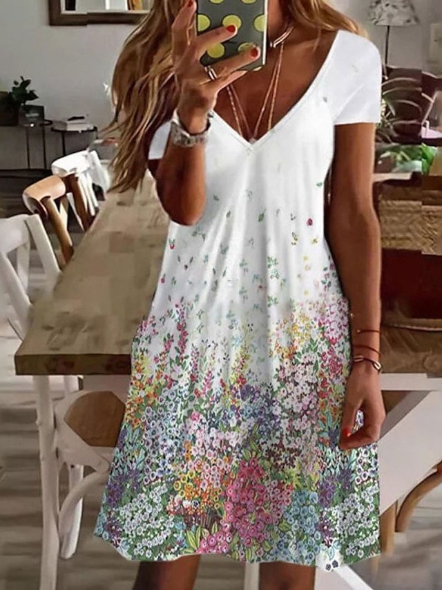 Stylish Regular Fit Floral Animal Butterfly V Neck Long Sleeve Knee Length Dress - Image 2