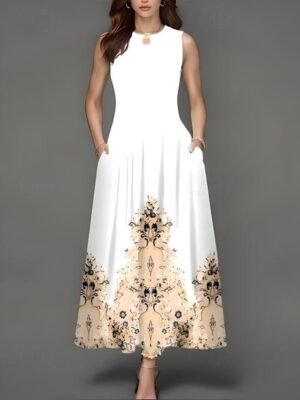 Stylish Regular Fit Floral Crew Neck Sleeveless Maxi Dress - Image 1