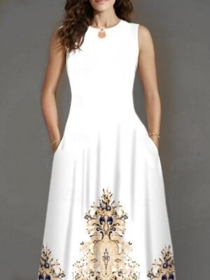 Stylish Regular Fit Floral Crew Neck Sleeveless Maxi Dress - Image 2