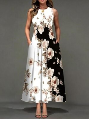 Stylish Regular Fit Floral Crew Neck Sleeveless Maxi Dress - Image 3