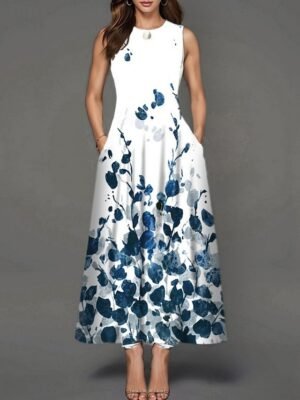 Stylish Regular Fit Floral Crew Neck Sleeveless Maxi Dress - Image 4