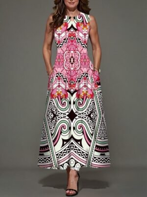 Stylish Regular Fit Floral Crew Neck Sleeveless Maxi Dress - Image 6