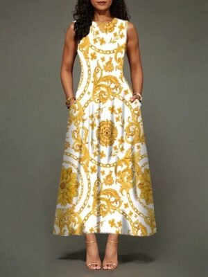 Stylish Regular Fit Floral Crew Neck Sleeveless Maxi Dress - Image 7