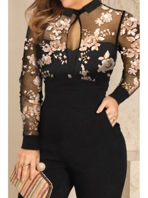 Stylish Regular Fit Floral Shirt Collar Long Sleeve Jumpsuit - Image 2