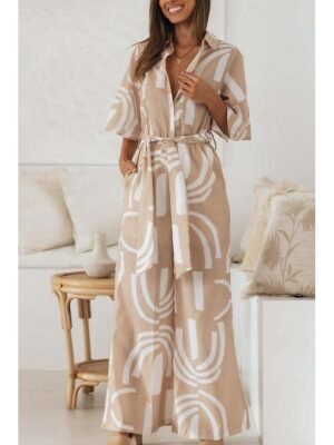 Stylish Regular Fit Floral Shirt Collar Half Sleeve Jumpsuit - Image 4