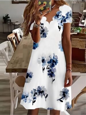 Stylish Regular Fit Floral Sweetheart Short Sleeve Mini Dress - Image 19