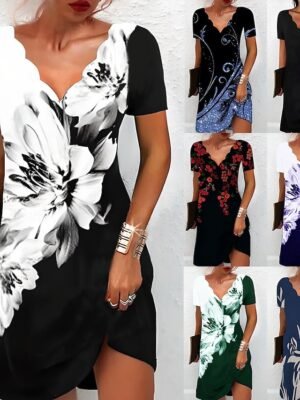 Stylish Regular Fit Floral Sweetheart Short Sleeve Mini Dress - Image 22