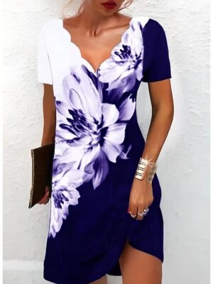 Stylish Regular Fit Floral Sweetheart Short Sleeve Mini Dress - Image 9